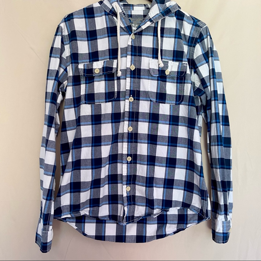 Aeropostale Men’s Blue & White Hooded Plaid Shirt